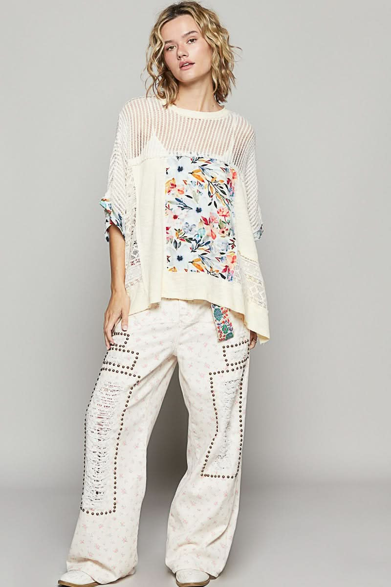 Floral Lace Hollow Out Knit Top with Half Sleeves