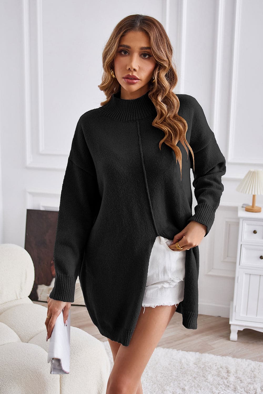 Exposed Seam Mock Neck Slit Sweater.