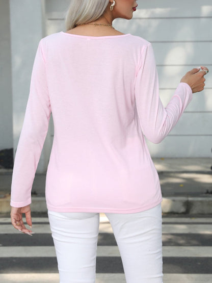 Decorative Button Round Neck Long Sleeve T-Shirt.