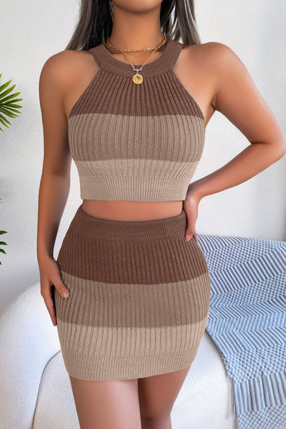 Color Block Sleeveless Crop Knit Top and Skirt Set.