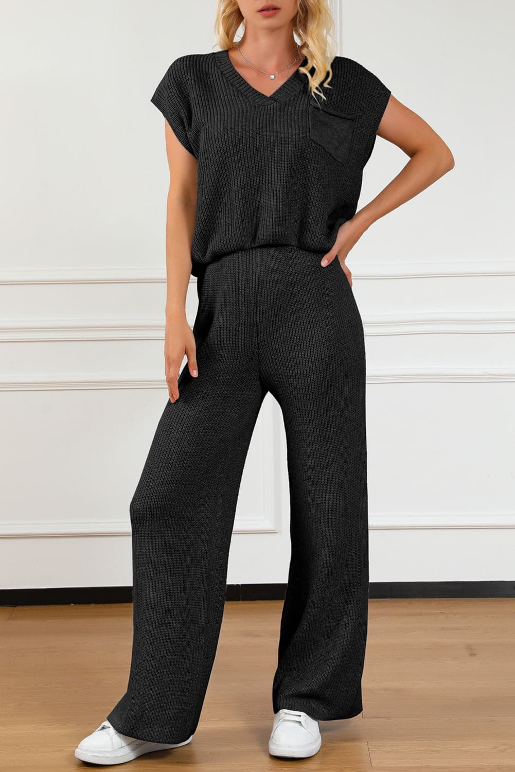 Pocketed V-Neck Top and Wide Leg Sweater Set.