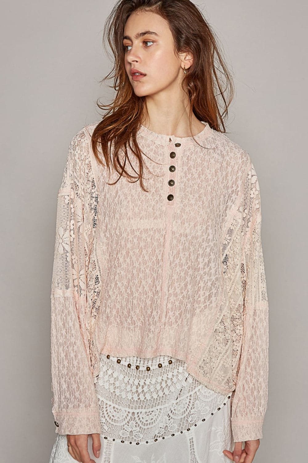 POL Round Neck Long Sleeve Raw Edge Lace Top.