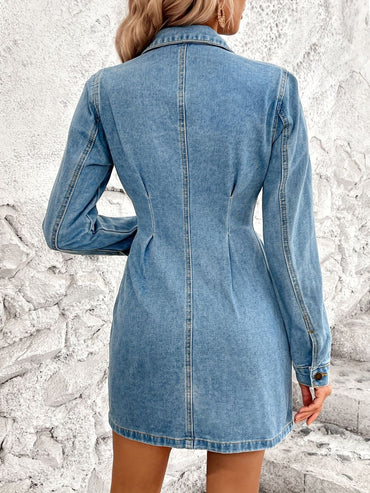 Pocketed Button Up Long Sleeve Denim Dress.