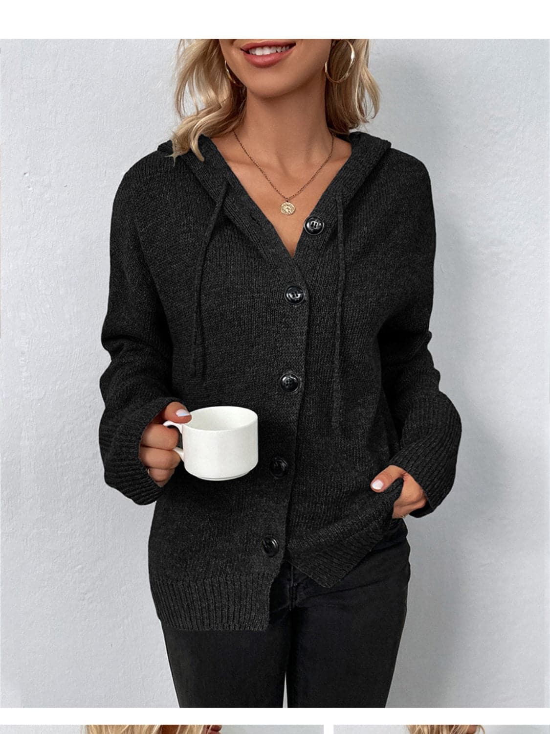 Drawstring Button Up Hooded Cardigan.