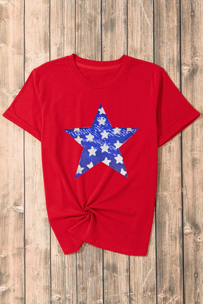 Sequin Star Round Neck Short Sleeve T-Shirt.