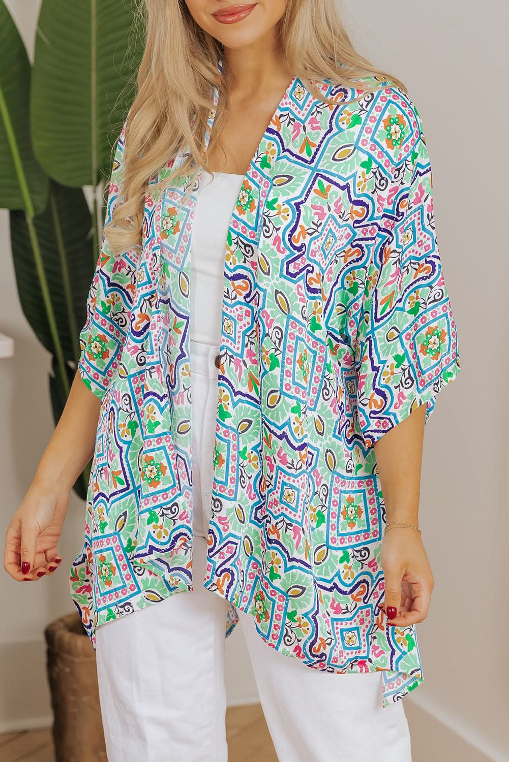 White Bohemian Floral Rhinestone Embellished Kimono with 3/4 Sleeves