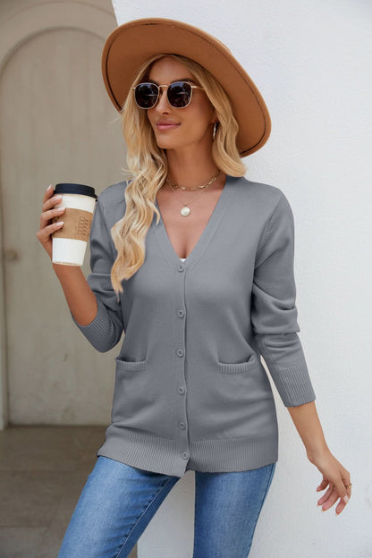 Vibrant V-Neck Button-Up Cardigan with Pockets