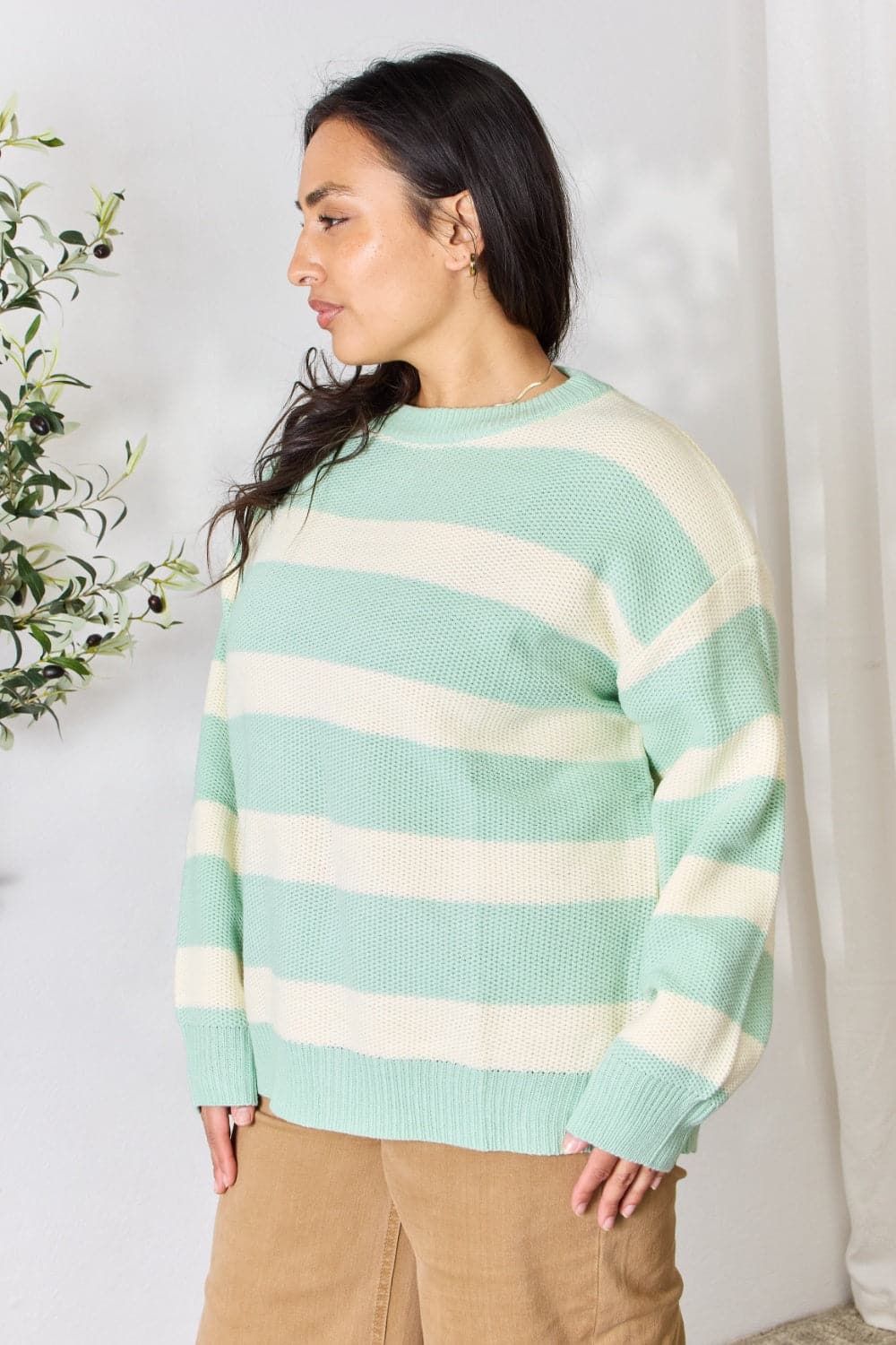 Sew In Love Full Size Contrast Striped Round Neck Sweater.