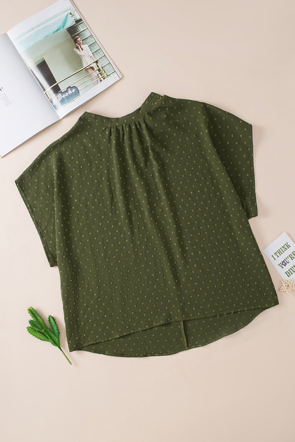 Moss green plus size swiss dot mock neck top with tie-back detail