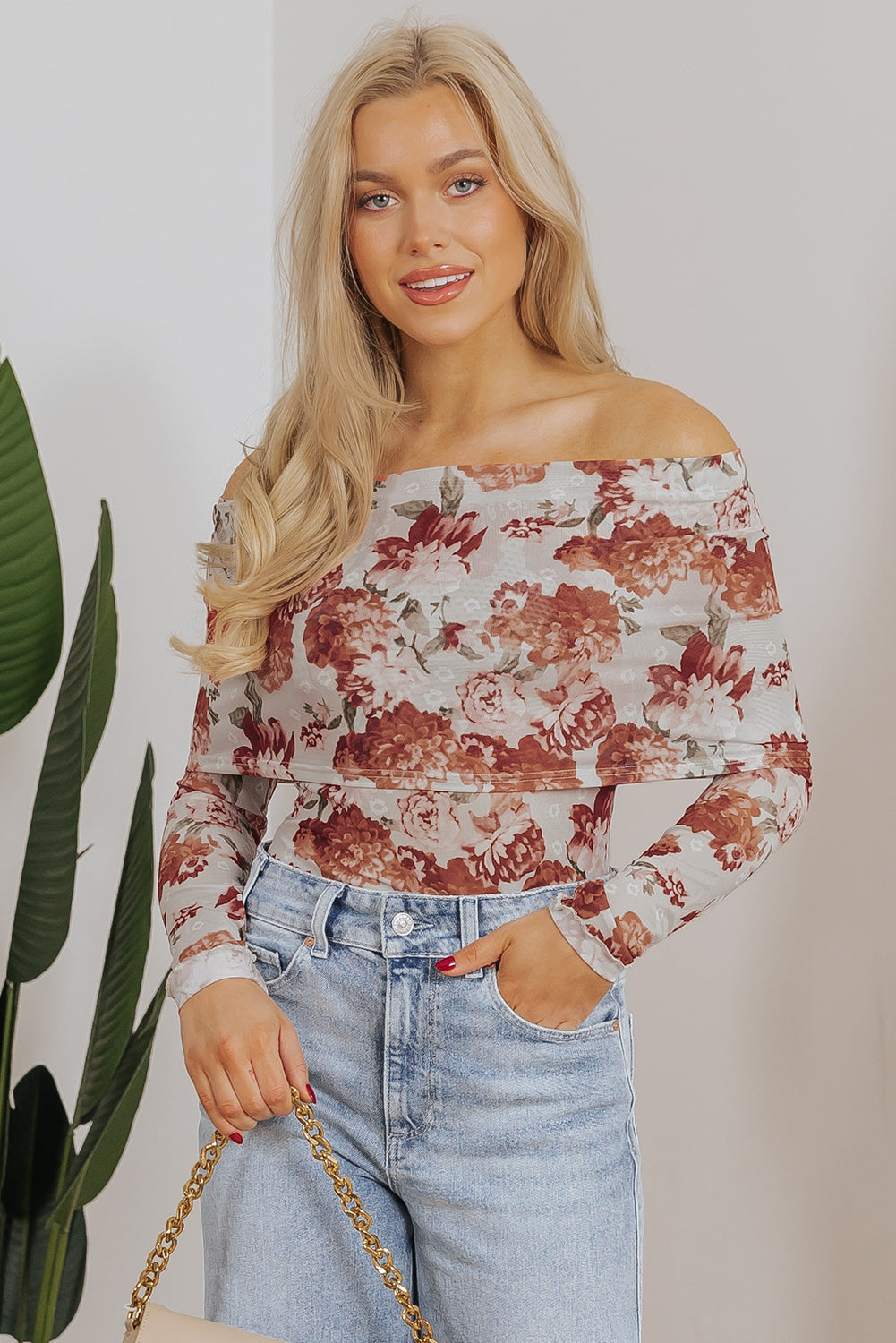 Pink Floral Printed Long Sleeve Sheath Bodysuit for Women