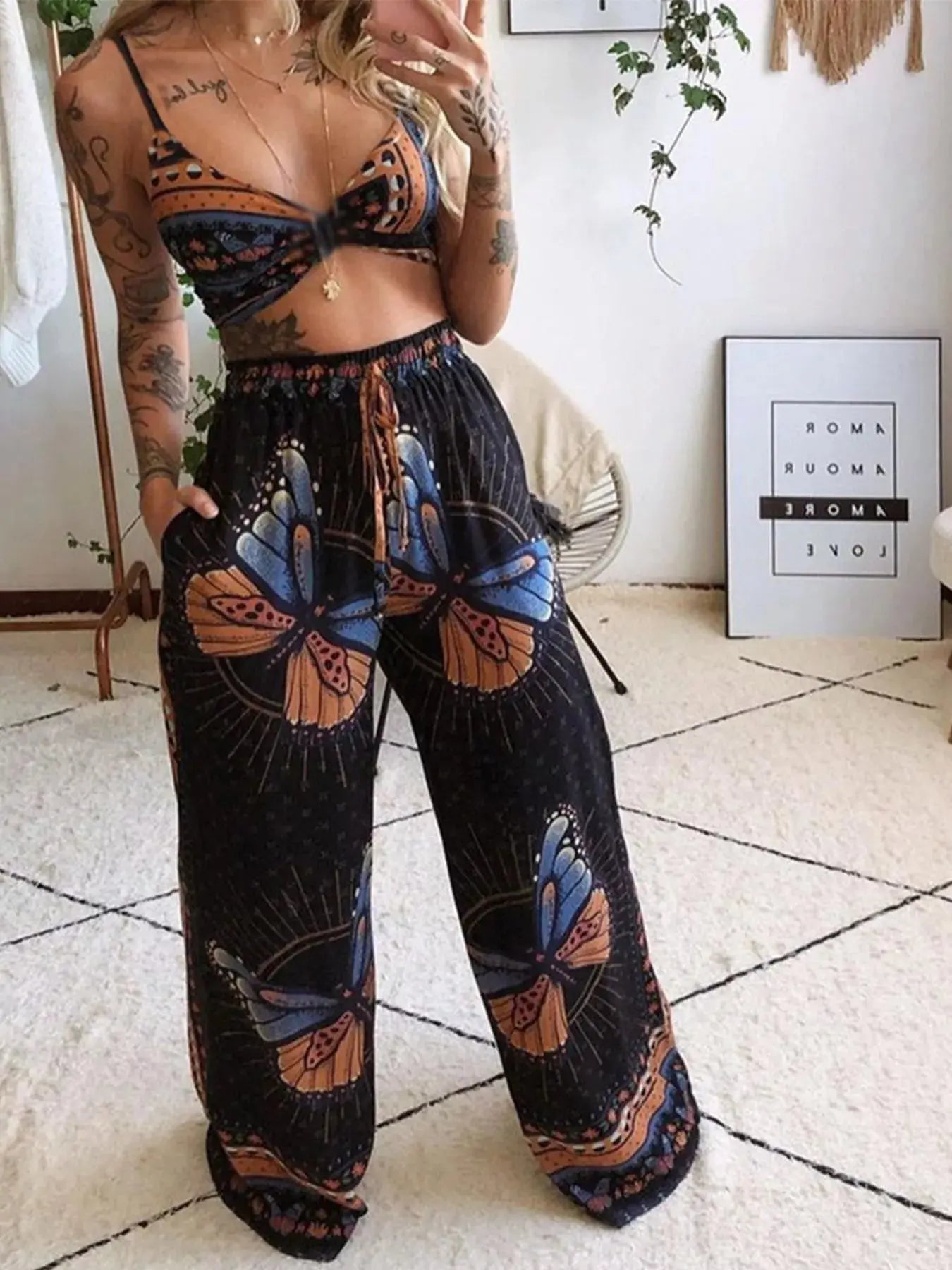Boho Butterfly Print Top and Pants Set Simply Love