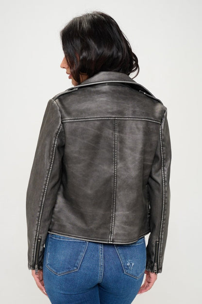 Chic vegan leather biker jacket with belt detail