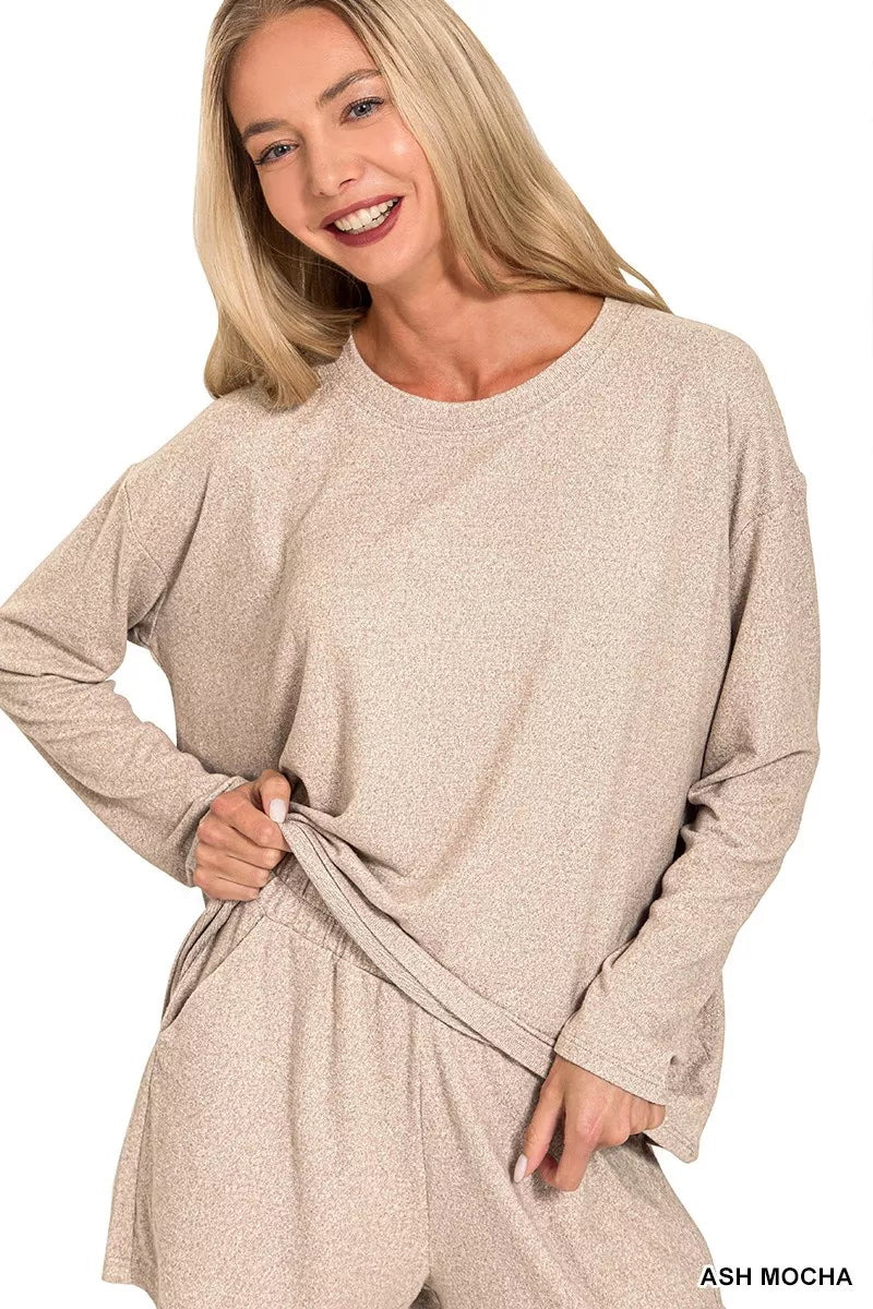 Zenana Soft Melange Long Sleeve Tee and Shorts Set Simply Love