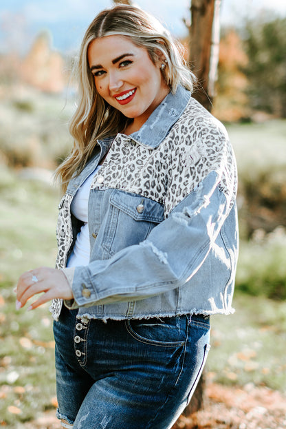 Fierce and trendy plus size leopard cropped denim jacket