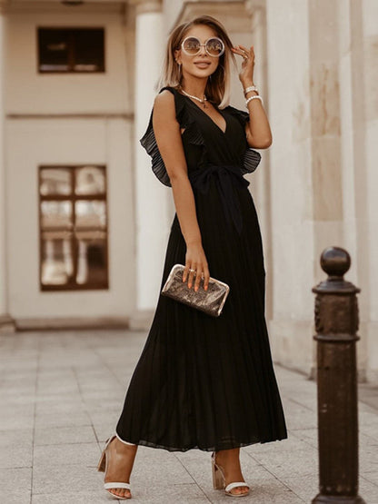 Tied Surplice Cap Sleeve Pleated Dress.