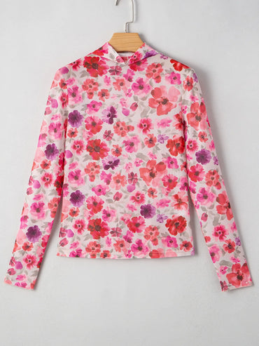 Floral Mesh Long Sleeve Fitted Blouse