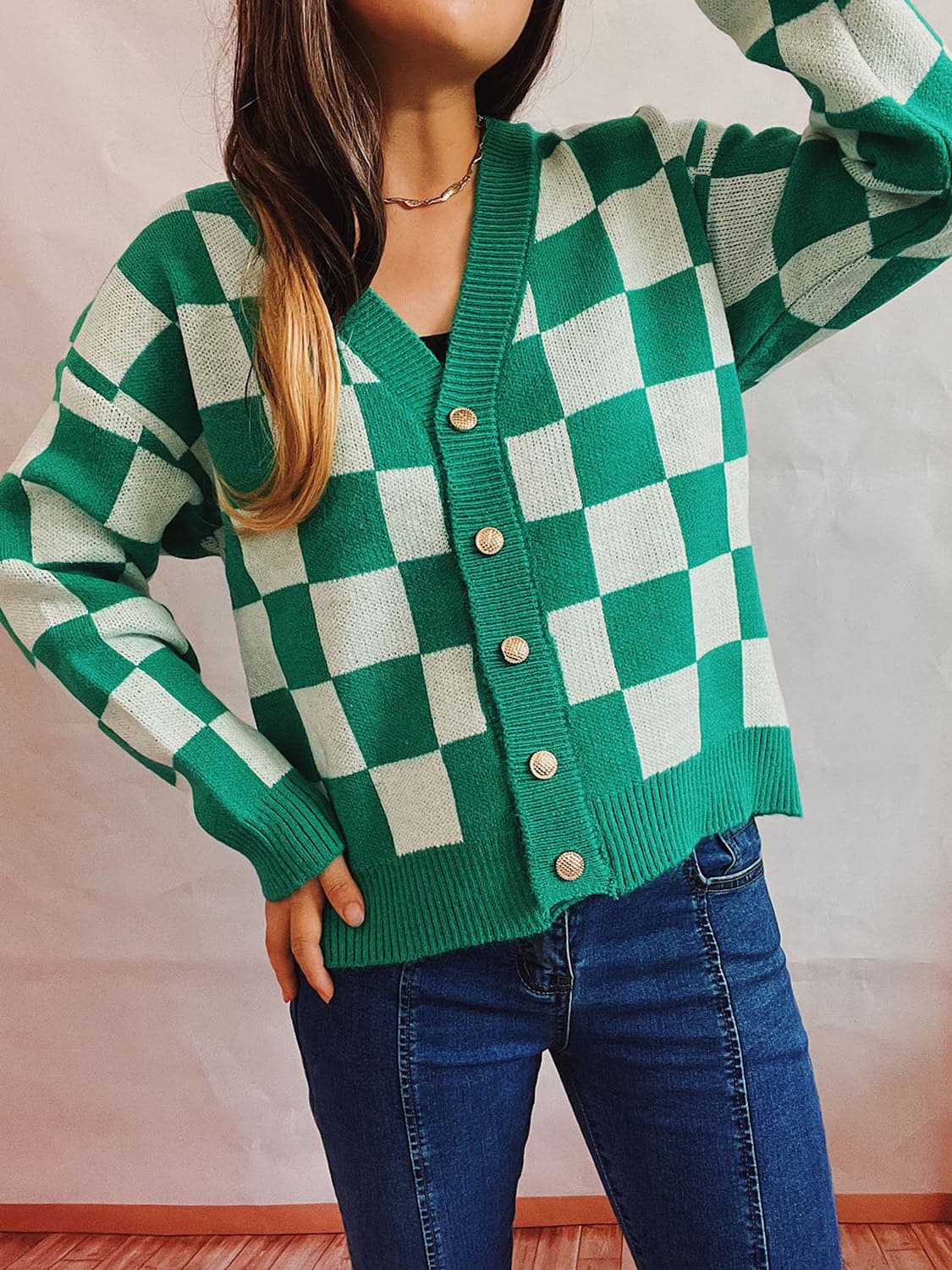 Checkered Open Front Button Up Cardigan.