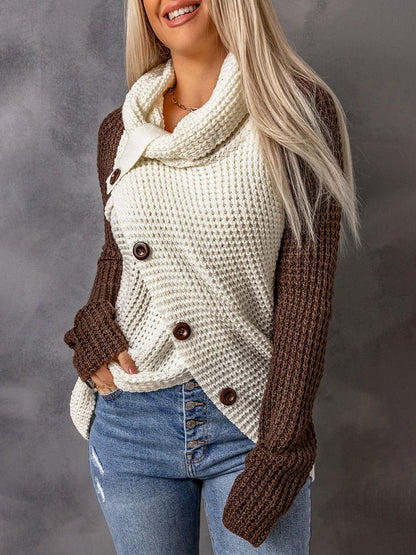 Contrast Decorative Button Turtleneck Sweater.