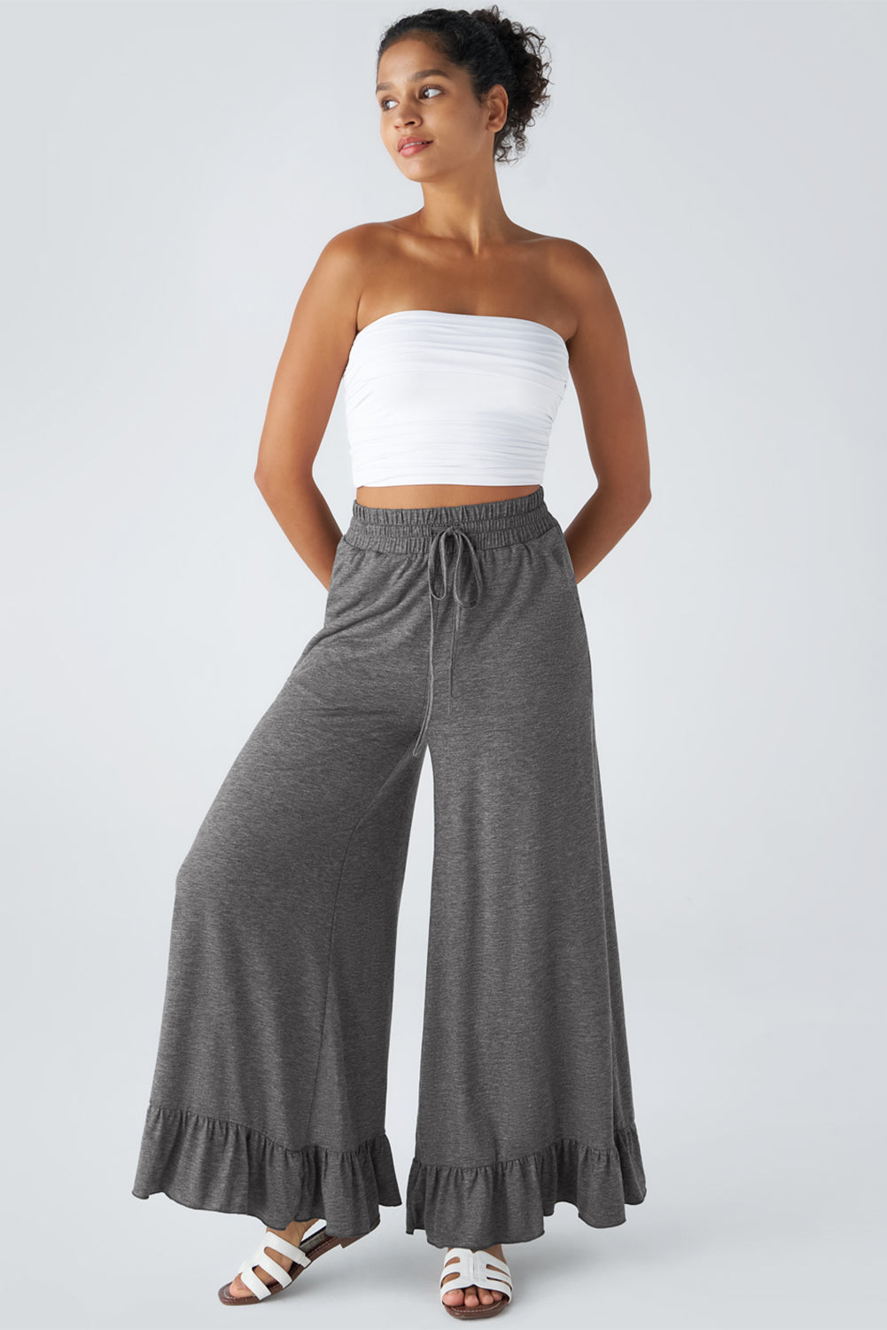 Medium Grey Ruffled Wide Leg High Waist Pants With Pockets Dear-Lover Dropshipping