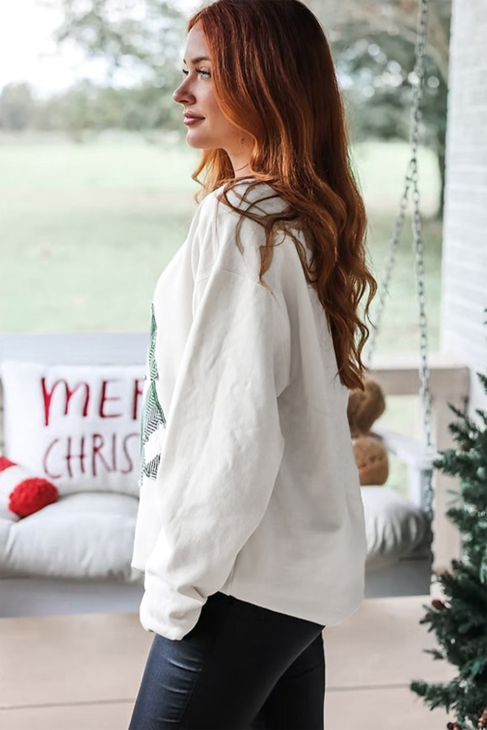 White Pearl Plaid Christmas Tree Patched Drop Shoulder Sweatshirt Dear-Lover Dropshipping