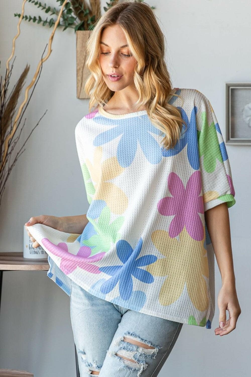 HOPELY Floral Round Neck Waffle T-Shirt.