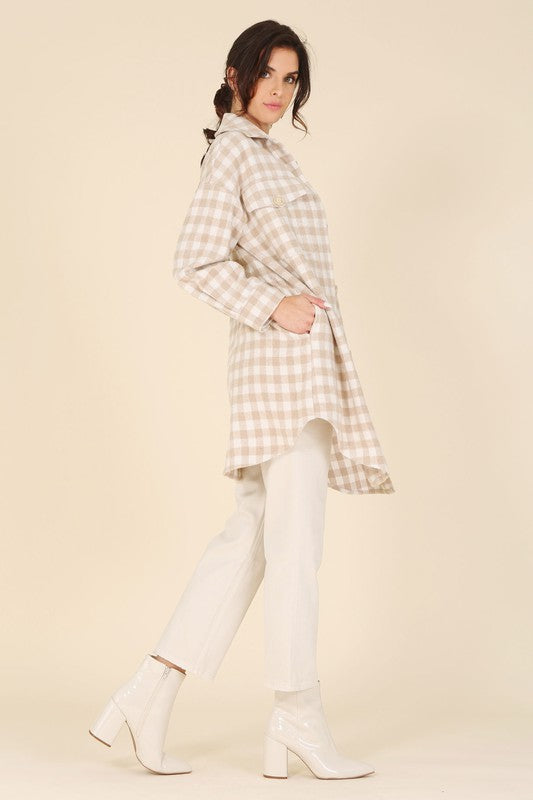 Plaid long shacket with functional buttons