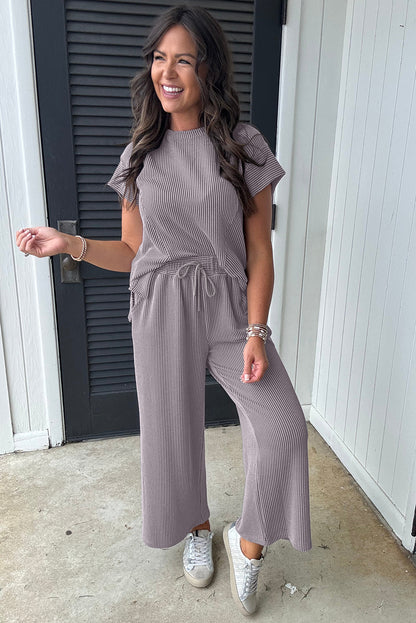Wild Wind Solid Corded Knit Short Sleeve T Shirt Set