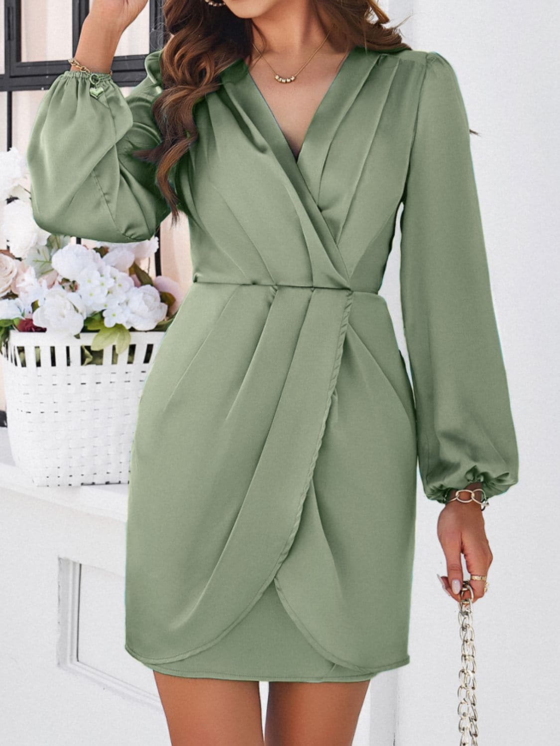 Ruched Surplice Long Sleeve Mini Dress.