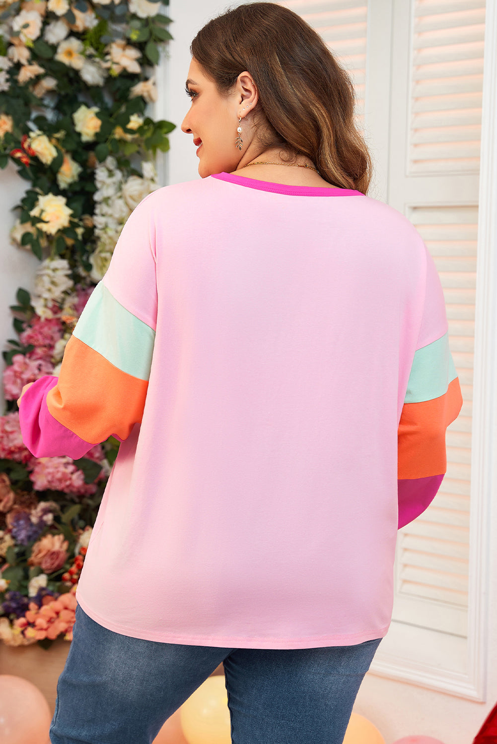 Trendy pink colorblock patchwork long sleeve top for plus sizes