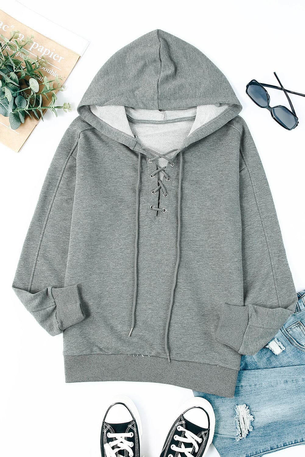 Lace-Up Dropped Shoulder Hoodie.