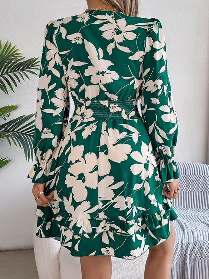 Tied Ruffled Printed Long Sleeve Dress.