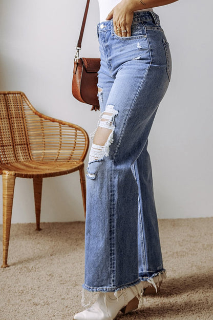 Distressed Straight Leg Jeans with Pockets.