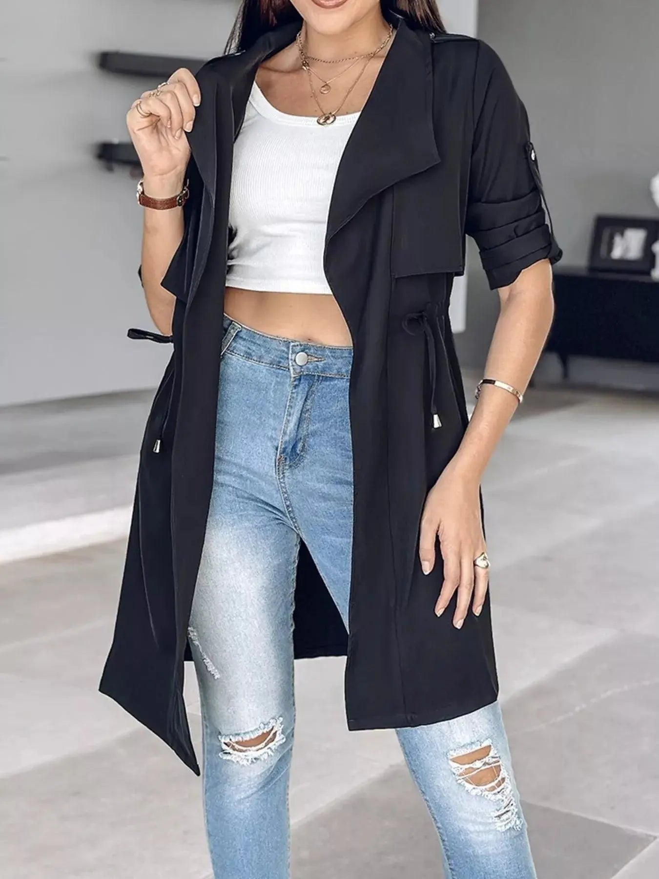 Beige Drape Collar Lightweight Trench Coat With Pockets And Drawstring Simply Love