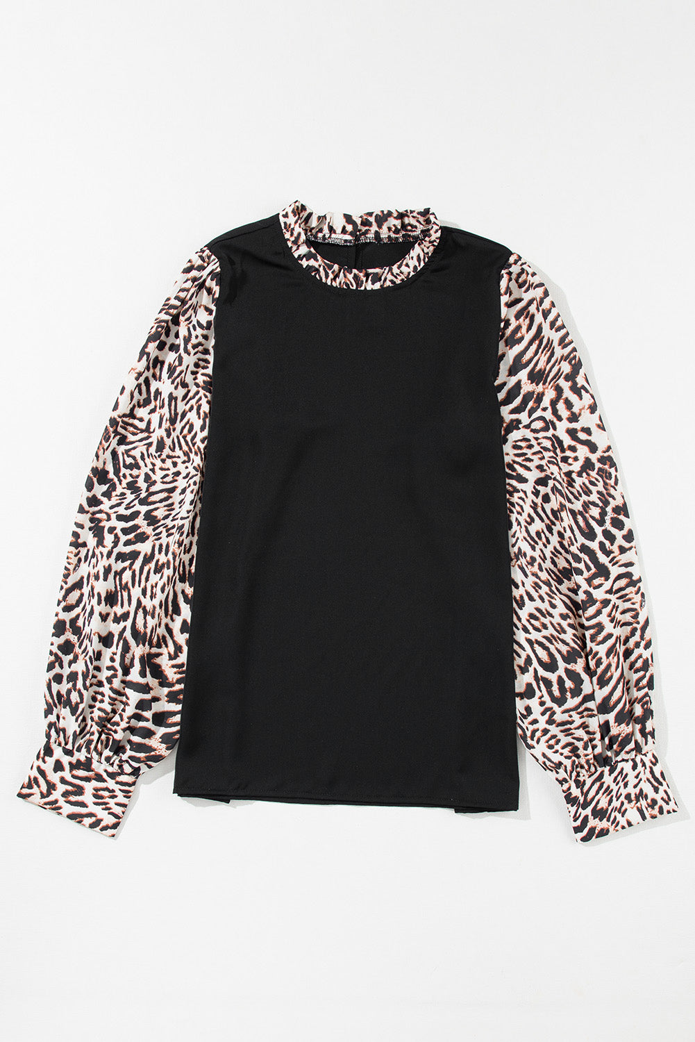 Elegant black lantern sleeve blouse with leopard print accents