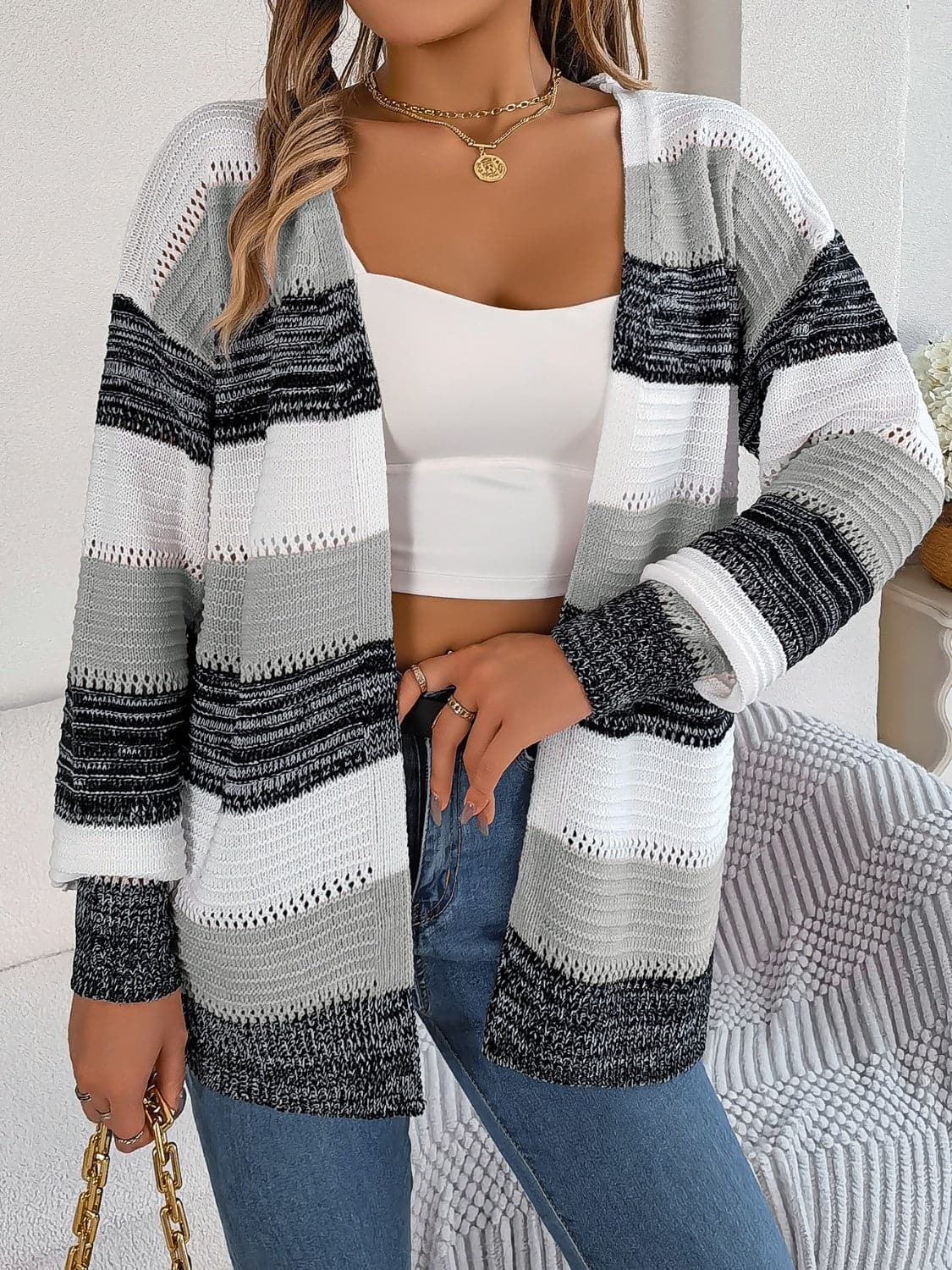 Openwork Striped Open Front Cardigan.