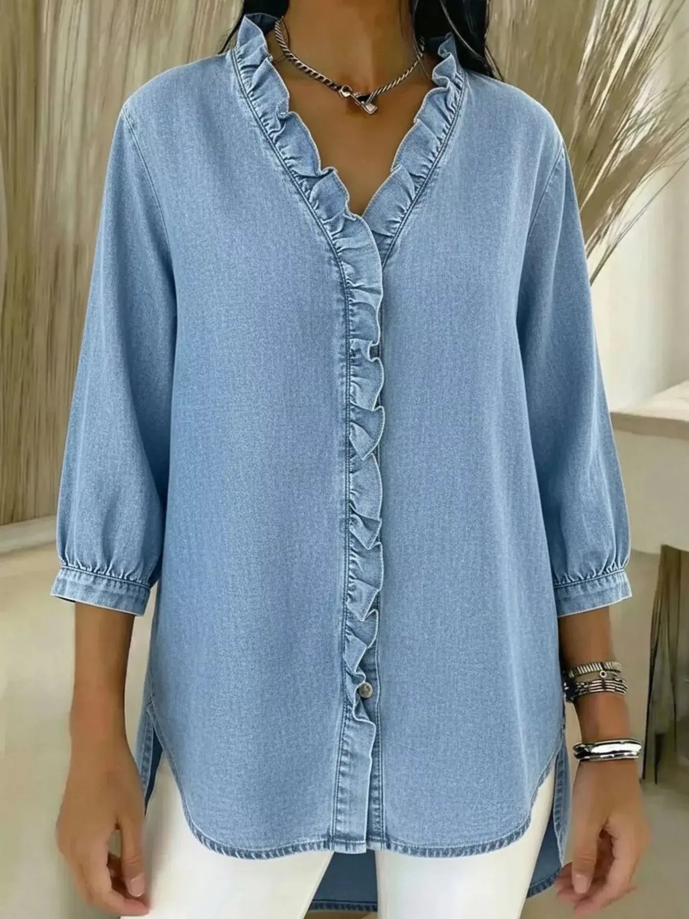 Full Size V-Neck Ruffled Button Down Shirt Plus Size Simply Love