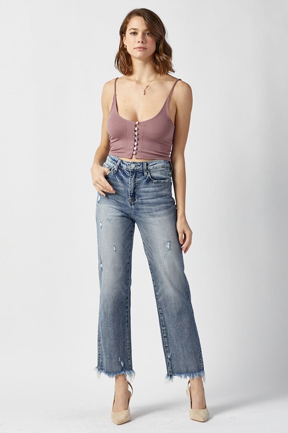 RISEN High Waist Raw Hem Straight Jeans.