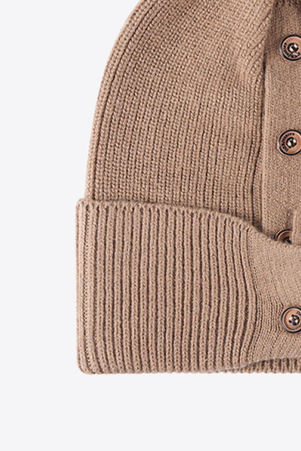 Button Detail Rib-Knit Cuff Beanie.