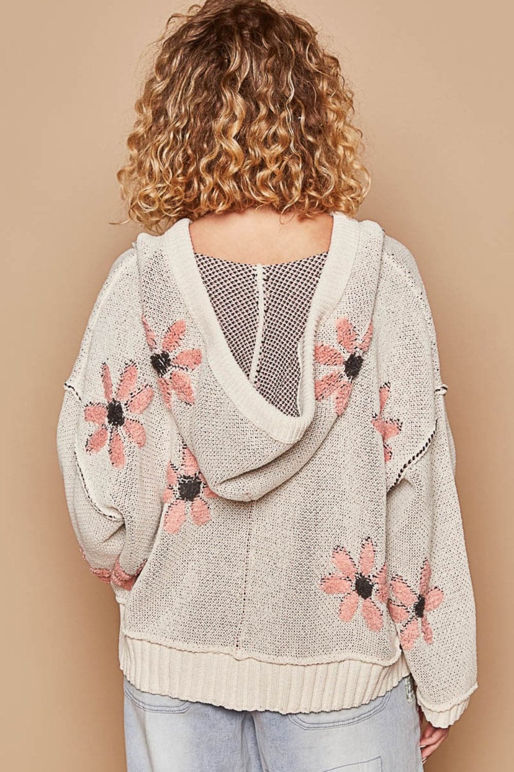 Floral hooded high-low sweater with stylish slit detail