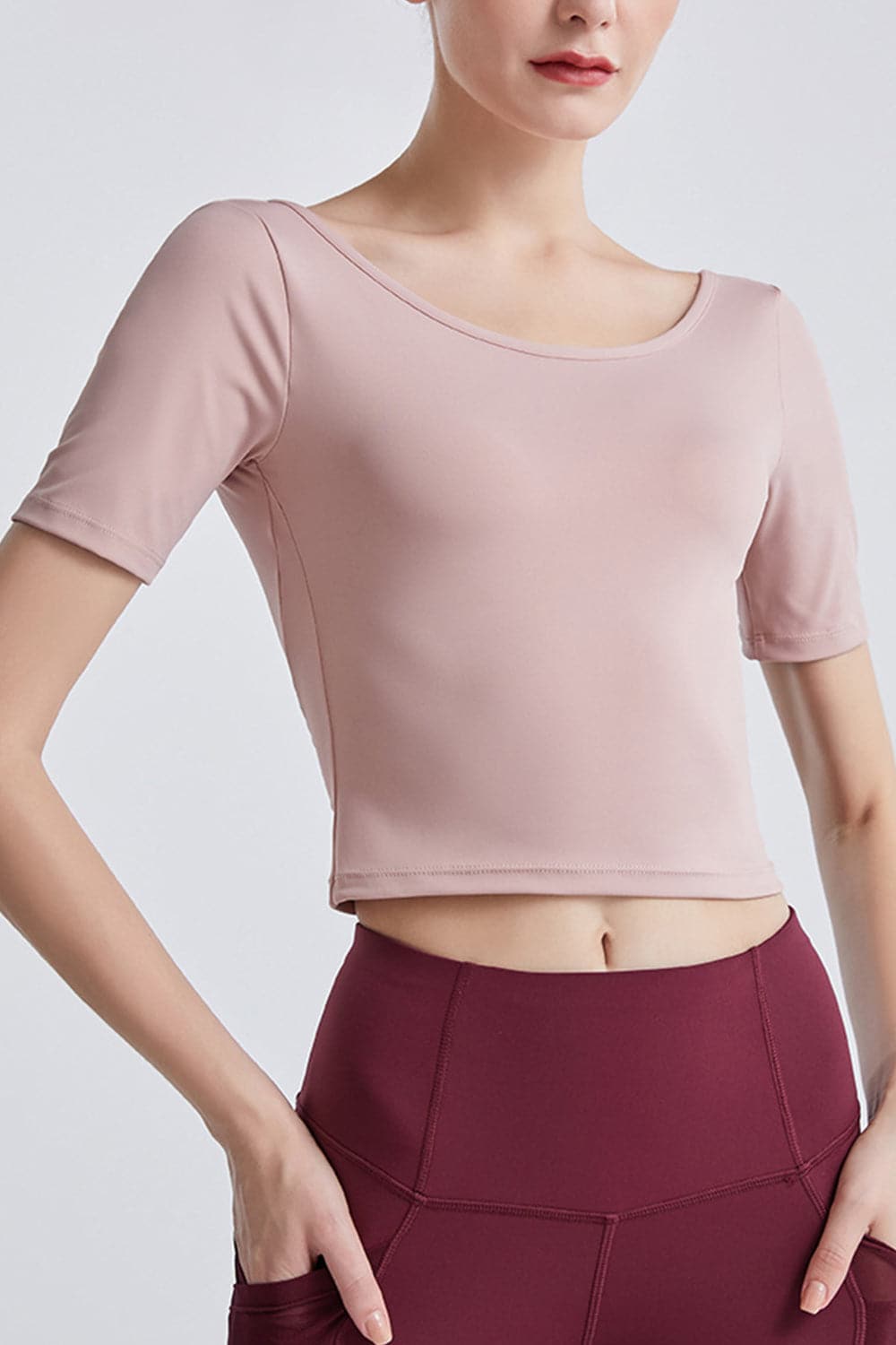 Cutout Backless Round Neck Active T-Shirt.