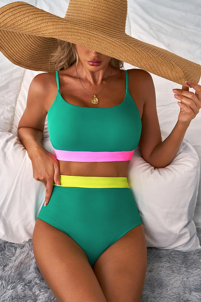 Sea Green Colorblock High-Waisted Bikini with Contrast Trim