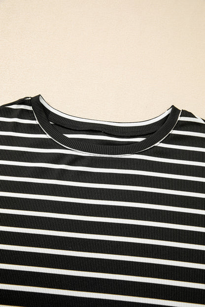 Chic black striped patchwork long sleeve tee for effortless style