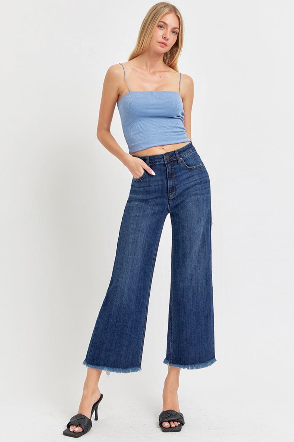 RISEN Full Size Raw Hem Cropped Wide Leg Jeans.