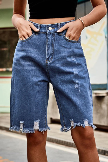 Raw Hem High Waist Denim Shorts with Pockets.