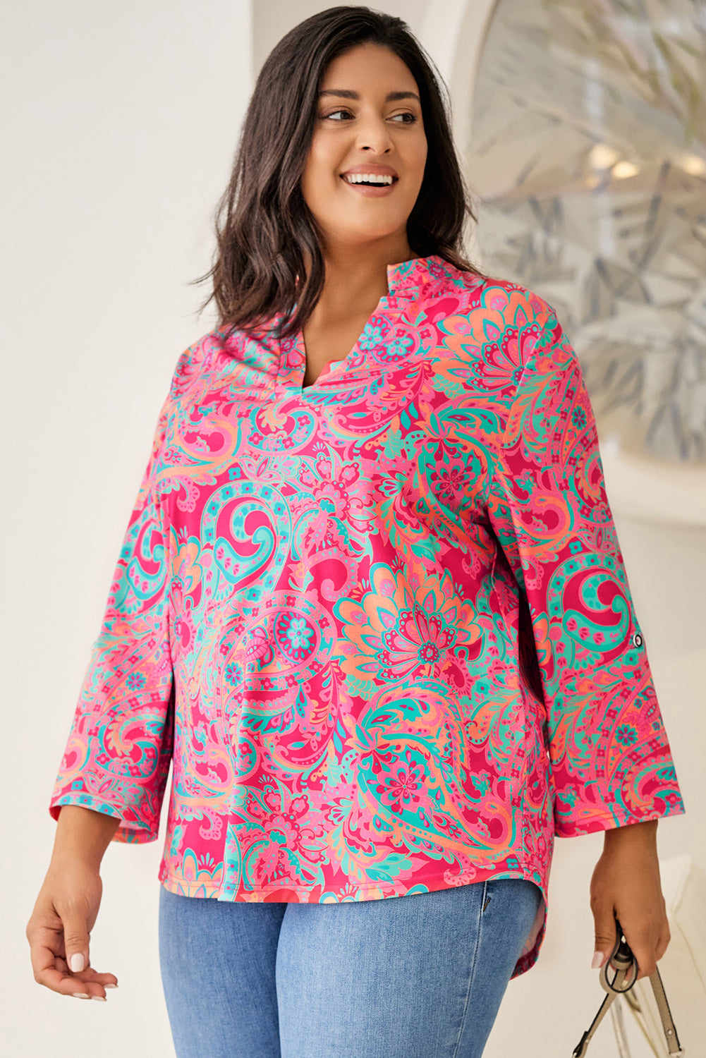 Elegant paisley print plus size blouse with adjustable sleeves