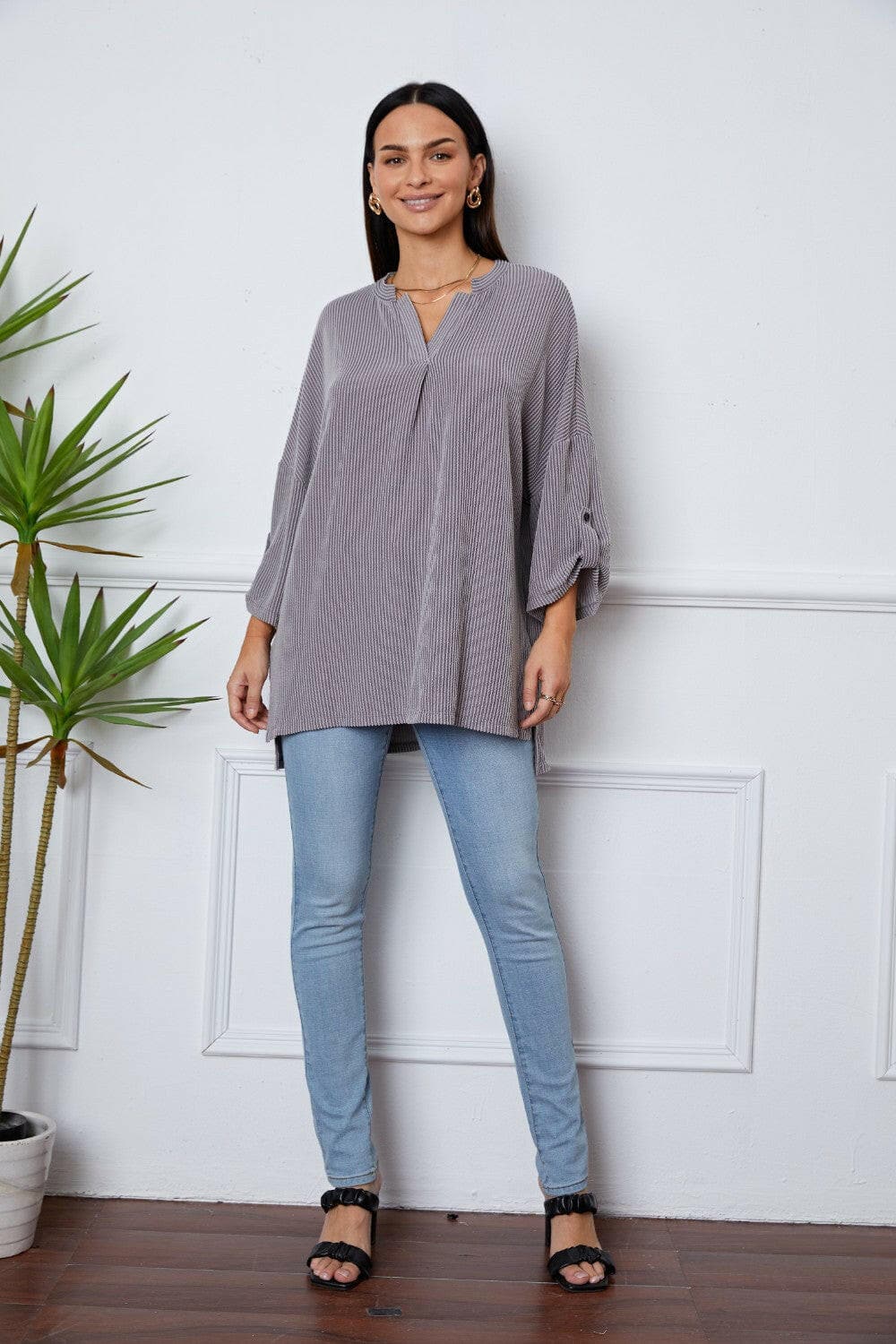 Notched Roll-Tab Sleeve Blouse.