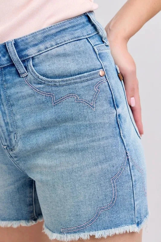 Judy Blue High Waist Western Embroidery Detail Cut Off Denim Shorts Coco’s Tee Boutique