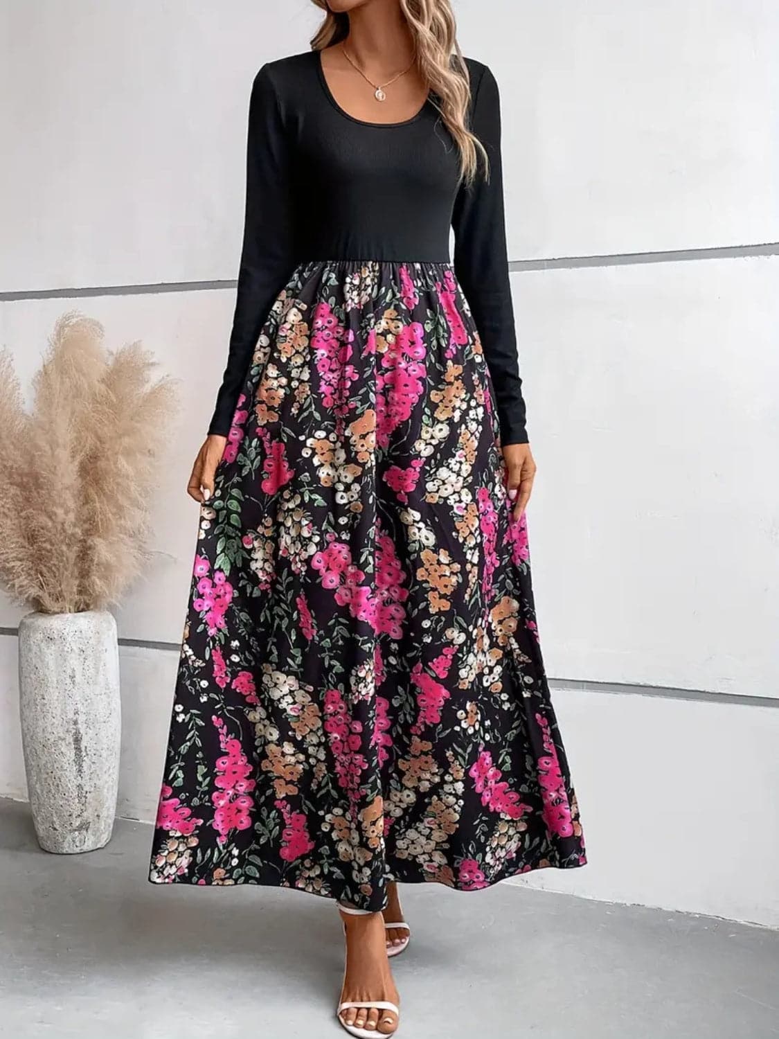 Floral Round Neck Long Sleeve Maxi Dress.