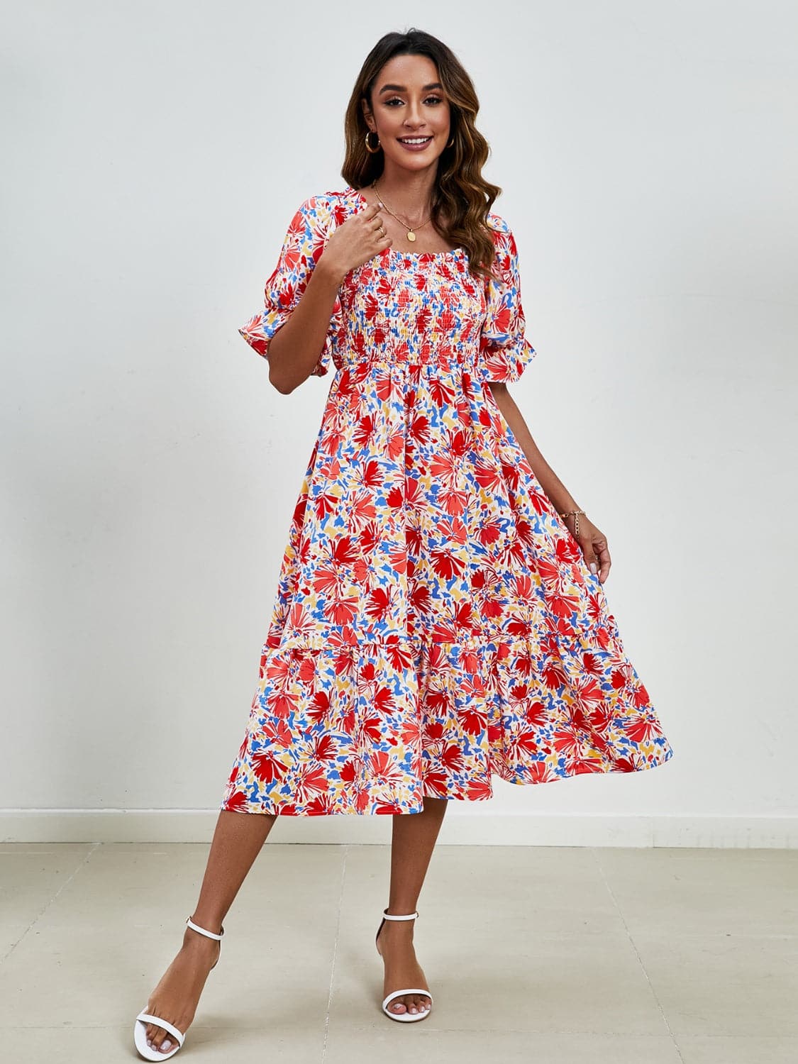 Smocked Floral Square Neck Short Sleeve Dress.