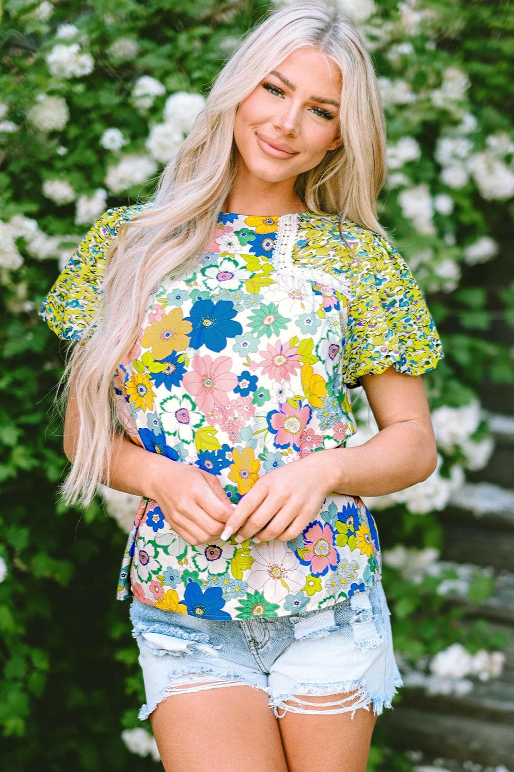 Printed Round Neck Puff Sleeve Blouse.